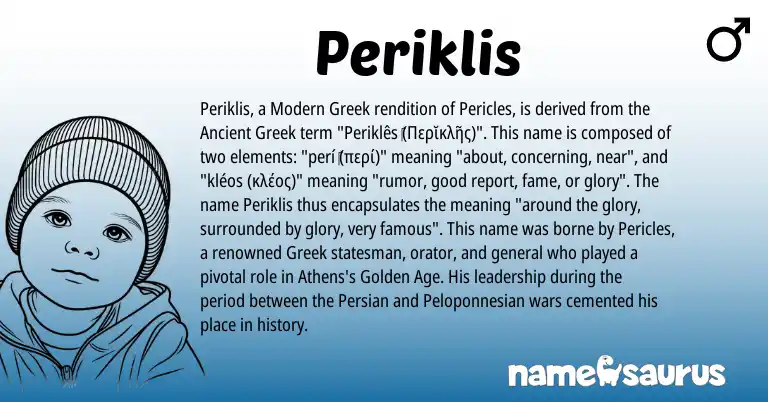 Infographic about Periklis name meaning, Periklis is a name from Persian, Ancient Greek, Greek, Modern origin(s).