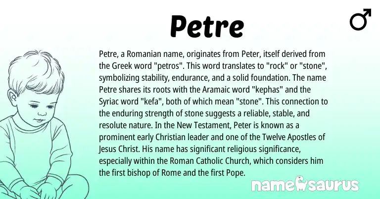 Infographic about Petre name meaning, Petre is a name from Aramaic, Romanian, Roman, Greek origin(s).