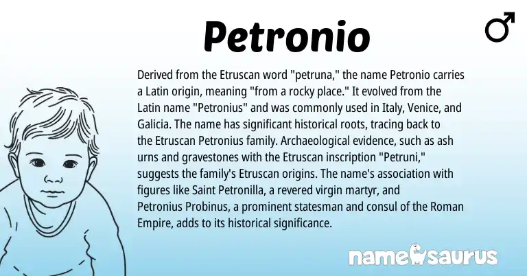 Infographic about Petronio name meaning, Petronio is a name from Etruscan, Roman, Latin origin(s).
