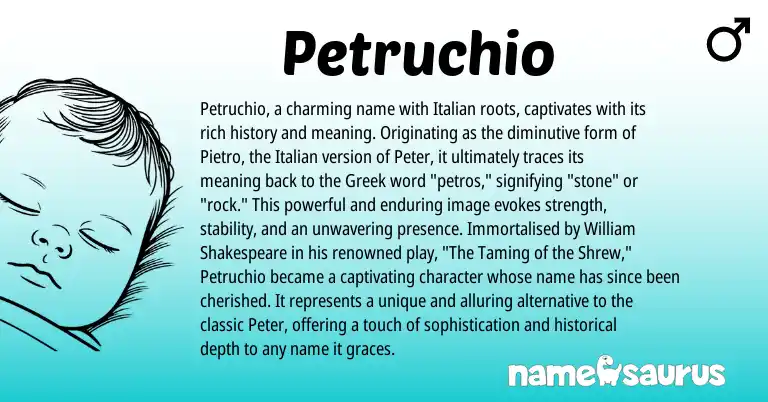 Infographic about Petruchio name meaning, Petruchio is a name from Greek, Italian origin(s).