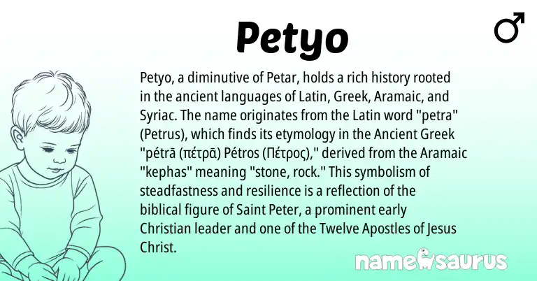 Infographic about Petyo name meaning, Petyo is a name from Aramaic, Ancient Greek, Latin, Greek origin(s).
