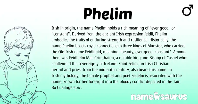 Infographic about Phelim name meaning, Phelim is a name from Irish, Ireland, Old Irish origin(s).