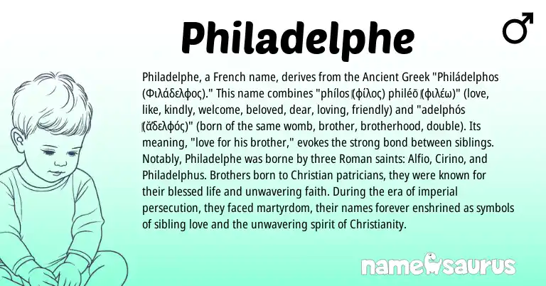 Infographic about Philadelphe name meaning, Philadelphe is a name from Christianity, Ancient Greek, French, Roman origin(s).