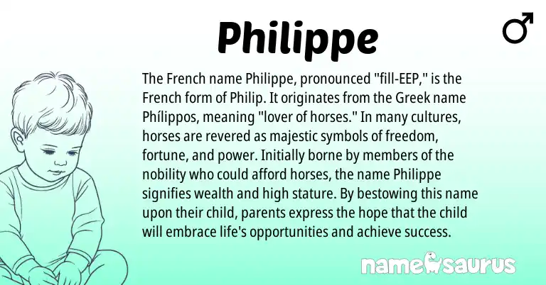Infographic about Philippe name meaning, Philippe is a name from French, Greek origin(s).