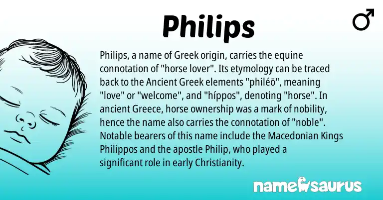 Infographic about Philips name meaning, Philips is a name from Ancient Greek, Christianity, Greece, Macedonian, Greek origin(s).