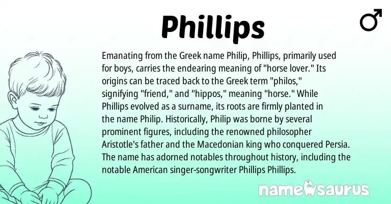 Infographic about Phillips name meaning, Phillips is a name from Macedonian, American, Greek origin(s).