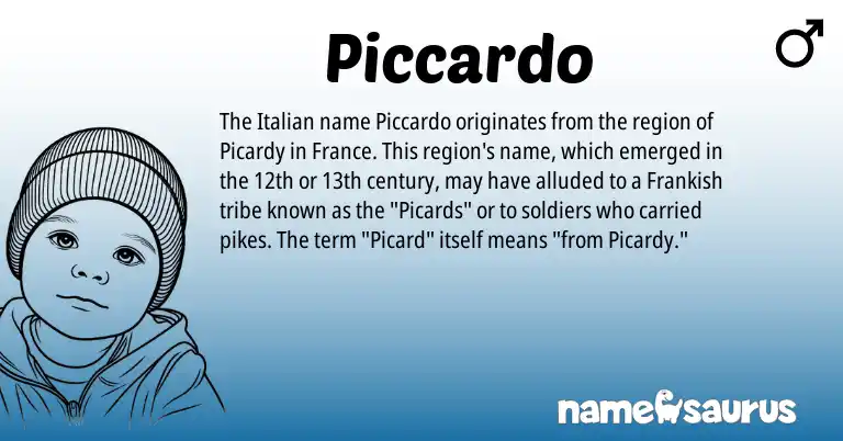 Infographic about Piccardo name meaning, Piccardo is a name from Frankish, Picard, Italian origin(s).