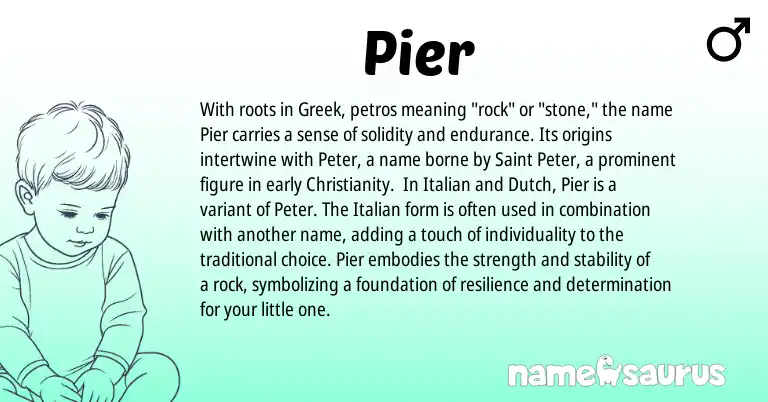 Infographic about Pier name meaning, Pier is a name from Dutch, Christianity, Italian, Greek origin(s).