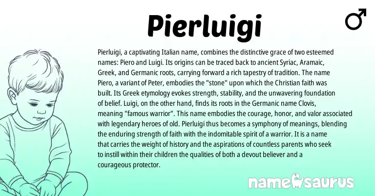 Infographic about Pierluigi name meaning, Pierluigi is a name from Aramaic, Germanic, Greek, Italian origin(s).