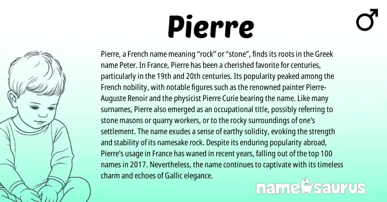Infographic about Pierre name meaning, Pierre is a name from French, Greek origin(s).