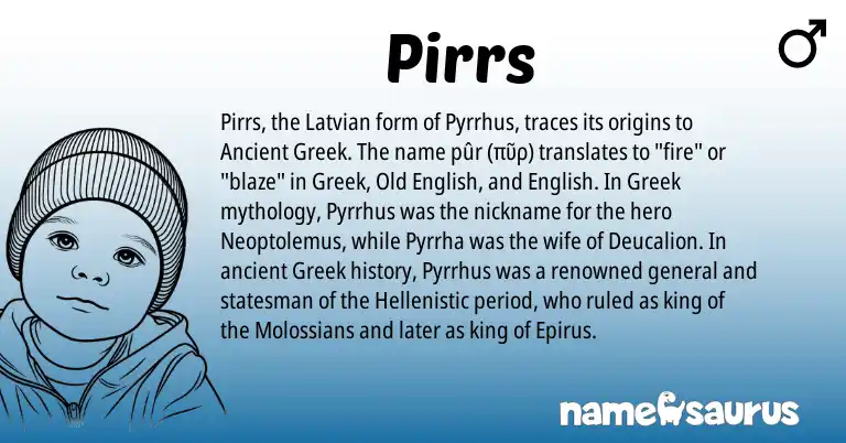 Infographic about Pirrs name meaning, Pirrs is a name from Ancient Greek, English, Latvian, Greek, Old English origin(s).