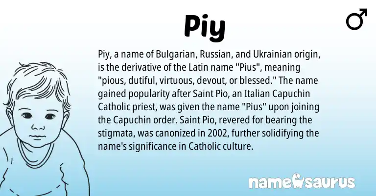 Infographic about Piy name meaning, Piy is a name from Ukrainian, Bulgarian, Russian, Latin, Italian origin(s).