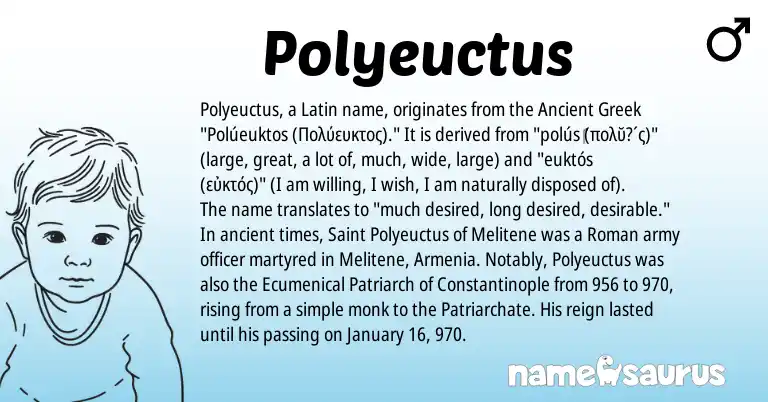 Infographic about Polyeuctus name meaning, Polyeuctus is a name from Roman, Ancient Greek, Latin origin(s).
