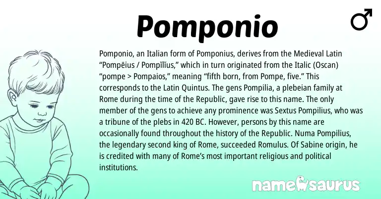 Infographic about Pomponio name meaning, Pomponio is a name from Medieval Latin, Latin, Italian origin(s).