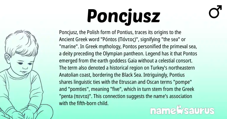 Infographic about Poncjusz name meaning, Poncjusz is a name from Polish, Ancient Greek, Etruscan, Anatolian, Greek origin(s).