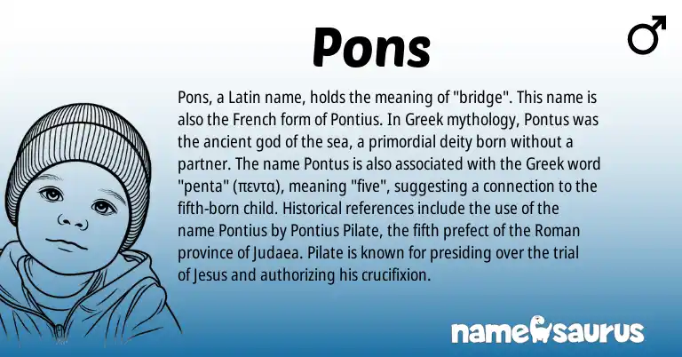 Infographic about Pons name meaning, Pons is a name from Roman, French, Latin, Greek origin(s).
