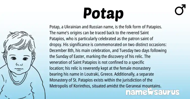 Infographic about Potap name meaning, Potap is a name from Ukrainian, Greece, Russian origin(s).