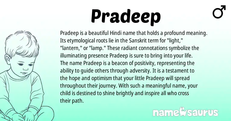Infographic about Pradeep name meaning, Pradeep is a name from Sanskrit, Hindi origin(s).