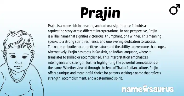 Infographic about Prajin name meaning, Prajin is a name from Indian, Sanskrit, Thai origin(s).