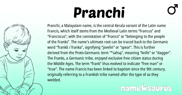 Infographic about Pranchi name meaning, Pranchi is a name from Malayalam, Medieval Latin, Frankish, Germanic, Latin origin(s).