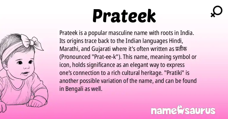 Infographic about Prateek name meaning, Prateek is a name from Indian, Hindi, Marathi, Gujarati origin(s).