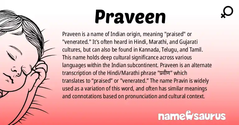 Infographic about Praveen name meaning, Praveen is a name from Indian, Hindi, Marathi, Gujarati origin(s).