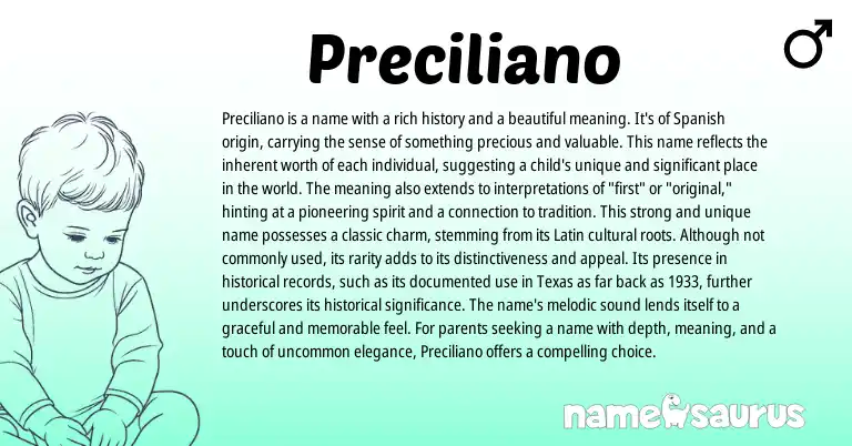Infographic about Preciliano name meaning, Preciliano is a name from Latin, Spanish origin(s).