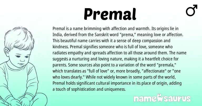 Infographic about Premal name meaning, Premal is a name from Indian, Sanskrit origin(s).