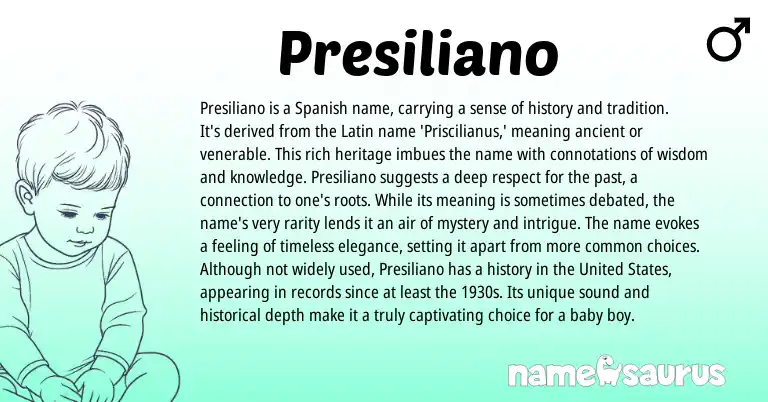 Infographic about Presiliano name meaning, Presiliano is a name from Latin, Spanish origin(s).