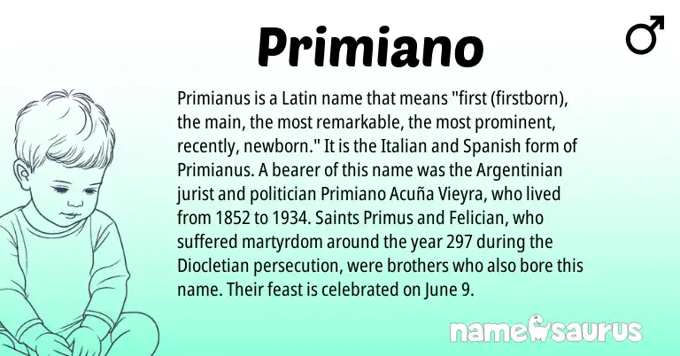 Infographic about Primiano name meaning, Primiano is a name from Spanish, Latin, Italian origin(s).