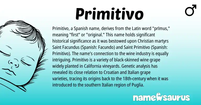 Infographic about Primitivo name meaning, Primitivo is a name from Croatian, Spanish, Latin, Italian origin(s).