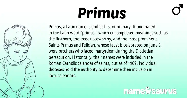 Infographic about Primus name meaning, Primus is a name from Roman, Latin origin(s).