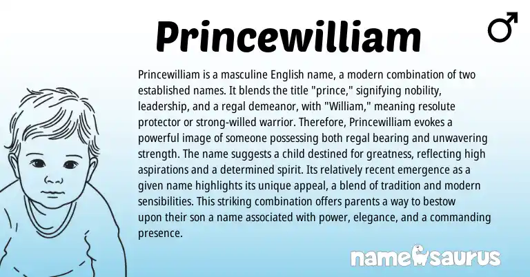 Infographic about Princewilliam name meaning, Princewilliam is a name from English origin(s).