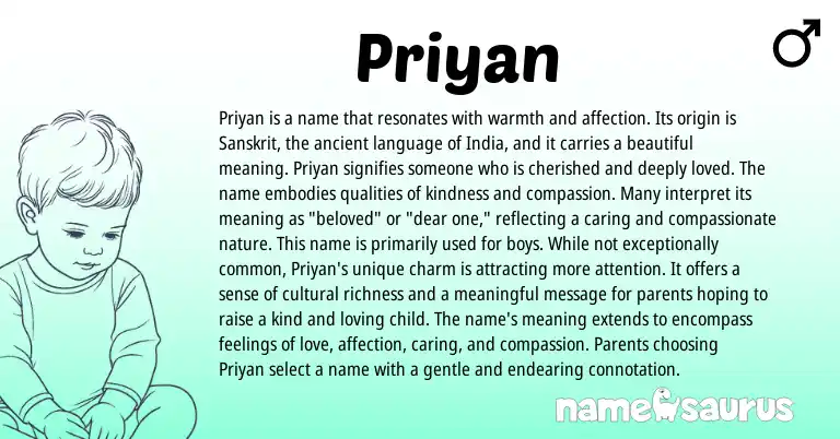 Infographic about Priyan name meaning, Priyan is a name from Indian, Sanskrit origin(s).