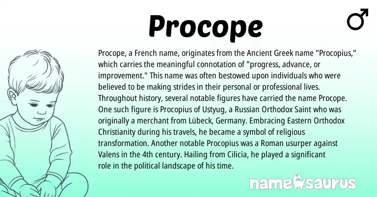 Infographic about Procope name meaning, Procope is a name from Ancient Greek, Christianity, Russian, French, Roman origin(s).