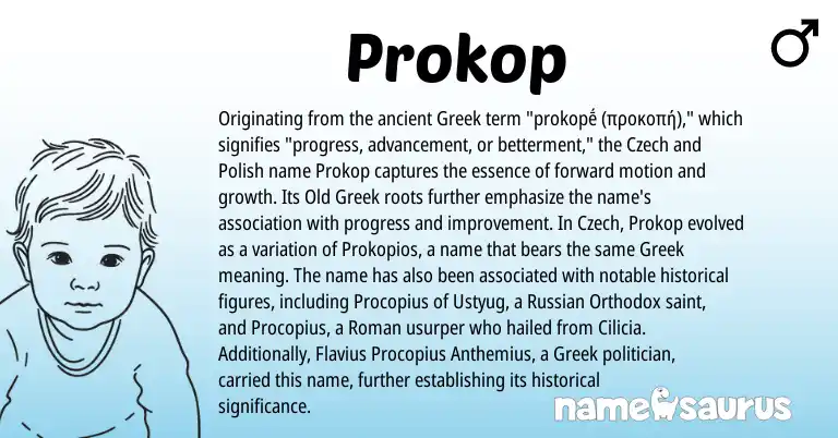Infographic about Prokop name meaning, Prokop is a name from Polish, Russian, Old Greek, Roman, Greek, Czech origin(s).