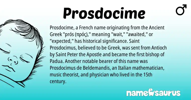 Infographic about Prosdocime name meaning, Prosdocime is a name from Ancient Greek, French, Italian, Greek origin(s).