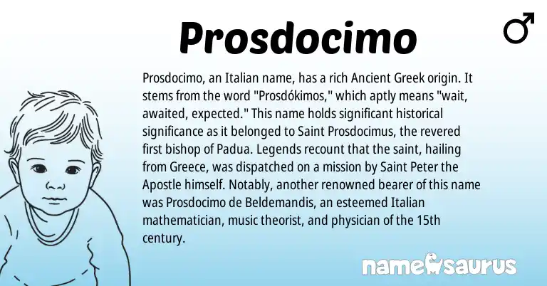 Infographic about Prosdocimo name meaning, Prosdocimo is a name from Ancient Greek, Greece, Legends, Italian origin(s).
