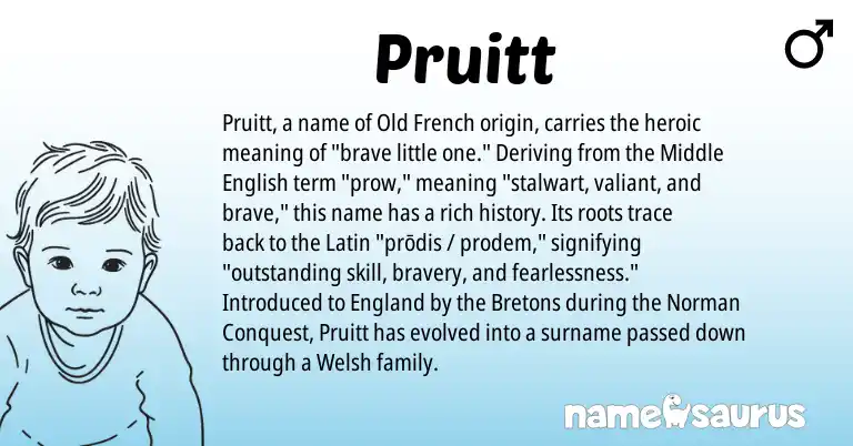 Infographic about Pruitt name meaning, Pruitt is a name from Welsh, Old French, England, Bretons, Latin, Middle English, Norman origin(s).