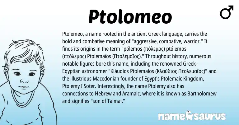 Infographic about Ptolomeo name meaning, Ptolomeo is a name from Aramaic, Macedonian, Greek, Egyptian, Hebrew origin(s).