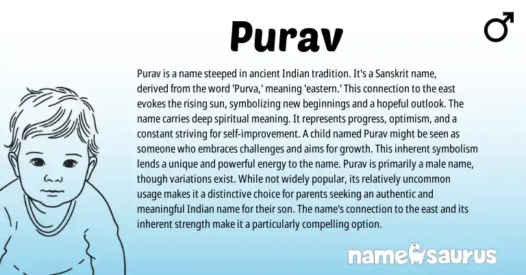 Infographic about Purav name meaning, Purav is a name from Indian, Sanskrit origin(s).