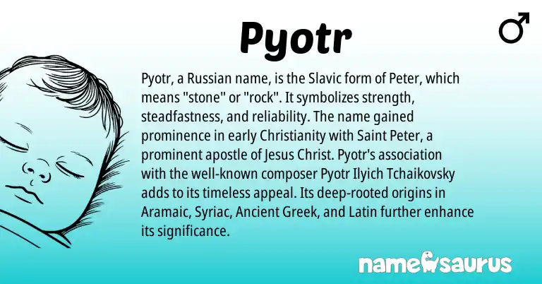 Infographic about Pyotr name meaning, Pyotr is a name from Ancient Greek, Christianity, Slavic, Russian, Aramaic, Latin origin(s).