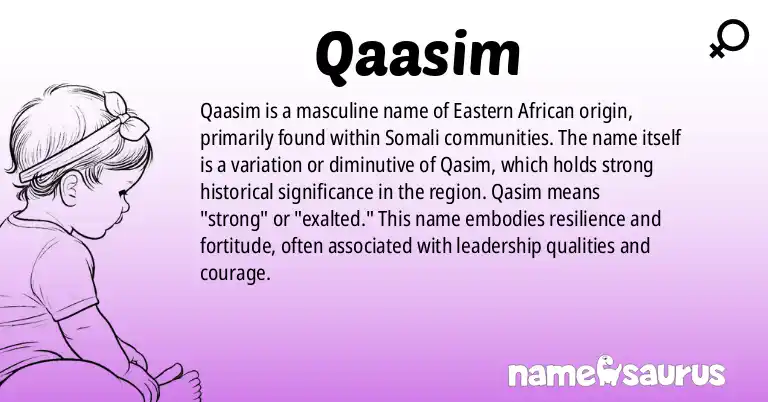 Infographic about Qaasim name meaning, Qaasim is a name from Eastern African, Somali origin(s).