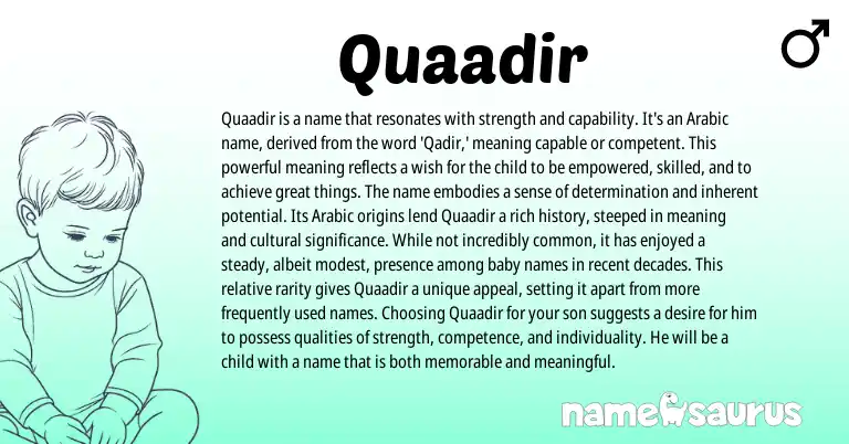 Infographic about Quaadir name meaning, Quaadir is a name from Arabic origin(s).