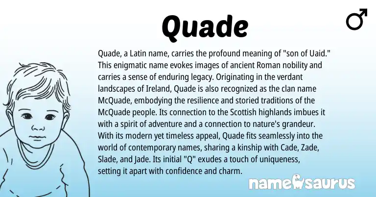 Infographic about Quade name meaning, Quade is a name from Roman, Ireland, Latin, Scottish origin(s).