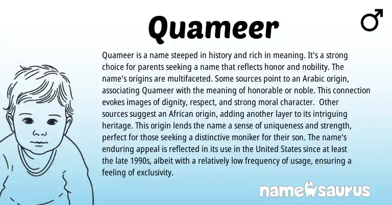 Infographic about Quameer name meaning, Quameer is a name from Arabic origin(s).