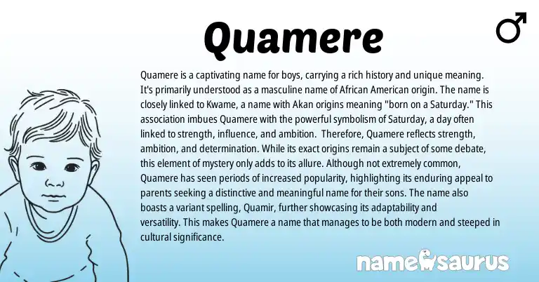 Infographic about Quamere name meaning, Quamere is a name from Akan, African, American origin(s).