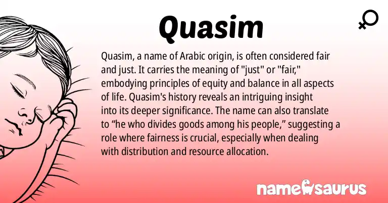 Infographic about Quasim name meaning, Quasim is a name from Arabic origin(s).