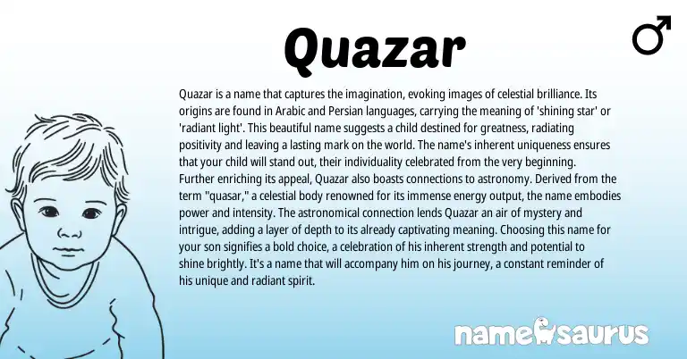 Infographic about Quazar name meaning, Quazar is a name from Persian, English, Arabic origin(s).