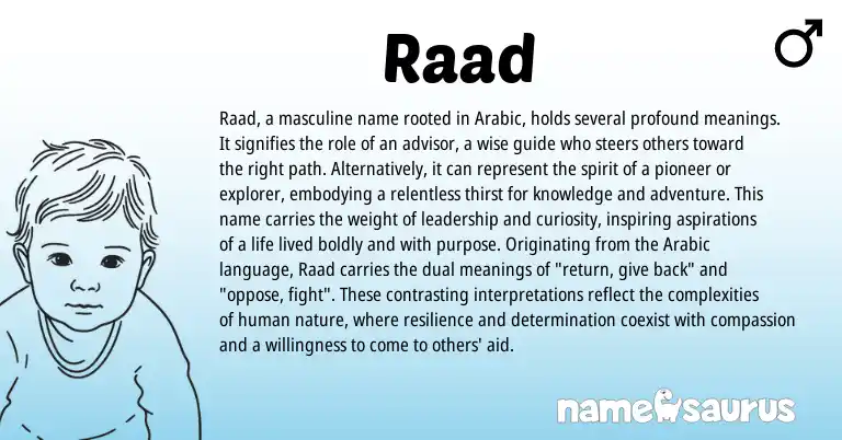 Infographic about Raad name meaning, Raad is a name from Arabic origin(s).